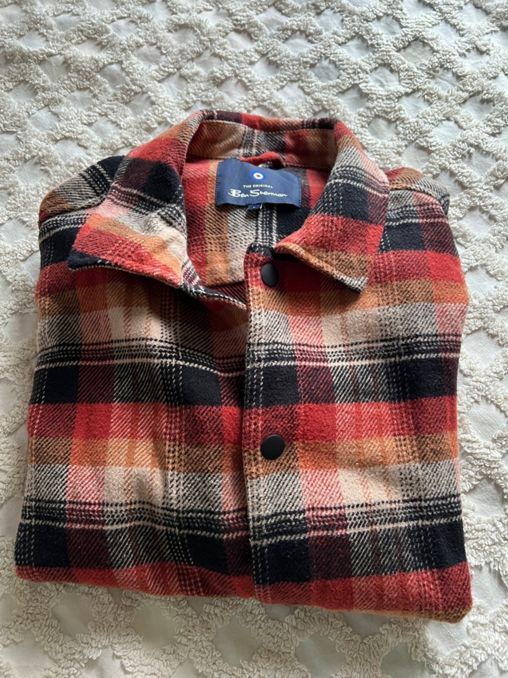Ben Sherman Orange, Black & Cream Plaid Button-Up Shirt Jacket Men’s Large